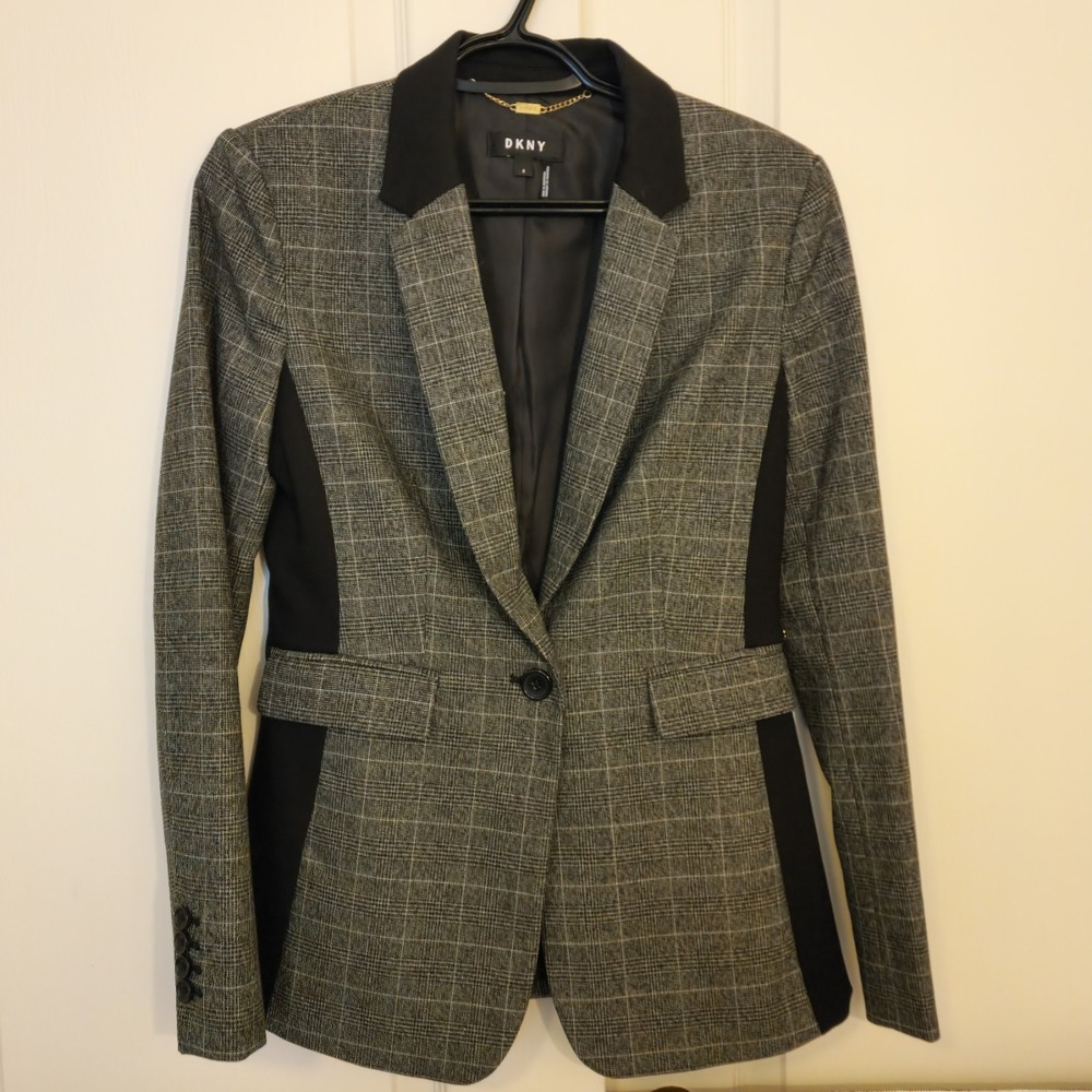 DKNY Blazer Womens Size 0 Black Gray Plaid One Button Career Jacket Lined